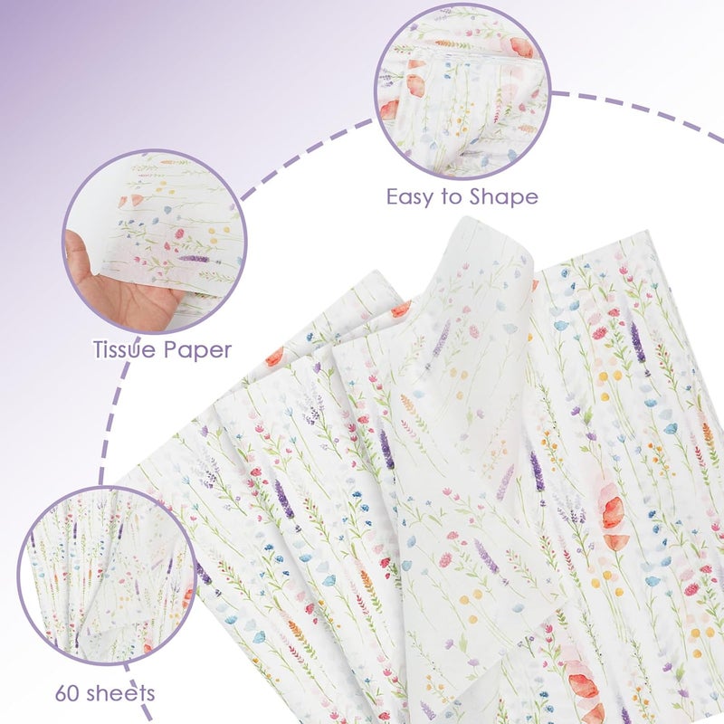 Ethanberg 60 Sheets Gift Wrapping Tissue Paper Bulk, Purple Lavender Wildflower Tissue Paper for Gift Bags, Decorative Art Papers for DIY Crafts Wedding Birthday Baby Showers Holiday Party Decor, 20x14 Inches - Image 3
